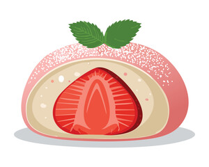 Pink mochi dessert with a whole fresh strawberry and sweet filling inside, a delicious snack - Vector Illustration