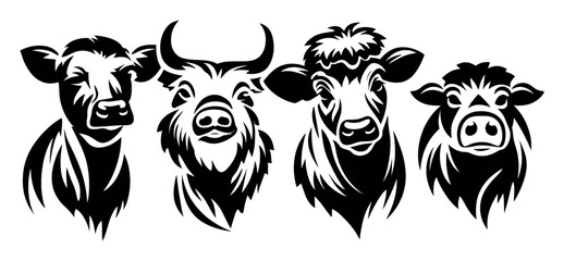 Obraz premium Four Stylized Animal Head Illustrations of Cattle for Graphic Use