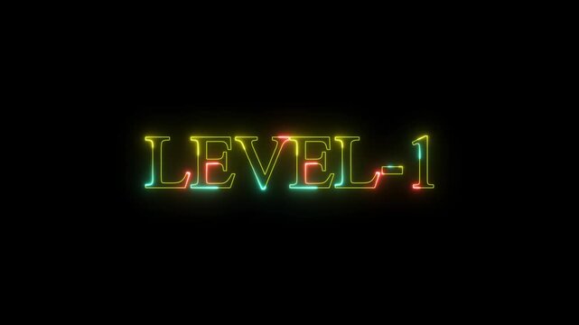 level 1 neon bright text font colorful 4k video animation. Neon level up sign and upper Level . next Level text animation. next level neon title Laser vintage effect Infinite loop able.