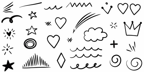 Assortment of Black Hand Drawn Doodle Graphics on White sketch drawing