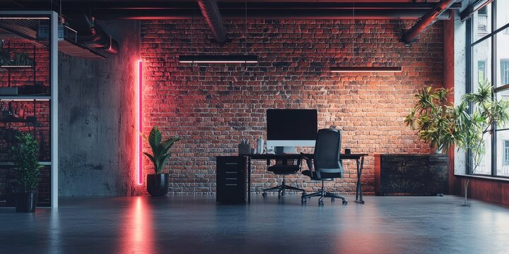 Startup office background with exposed brick and neon signage Stock photo