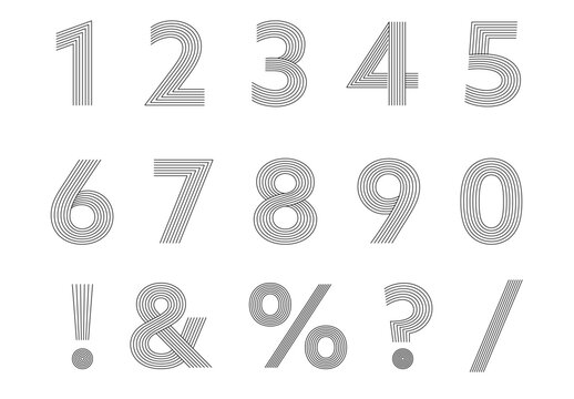 線で構成された数字と記号のベクタータイポグラフィセット