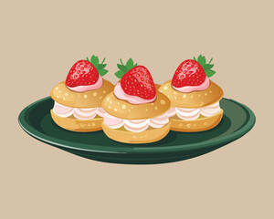Pile of baked round profiteroles filled with sweet cream and fresh strawberries on a green plate - Vector Illustration