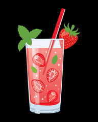 Refreshing strawberry cocktail with a slice of fresh strawberry and green mint leaves in a glass - Vector Illustration