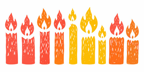 Row of Colorful Hand Drawn Candles with Flames in Gradient Orange and Yellow Hues