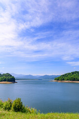 Nukabira River Bridge with Nukabira Lake, River and Dam under July Blue Sky, Hokkaido Japan

