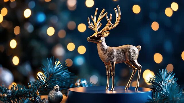 Golden reindeer statue with festive lights and ornaments.