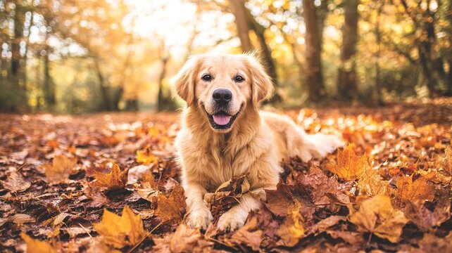 秋の葉に囲まれたゴールデンレトリバー、木々の間から差し込む暖かい日差しのクローズアップポートレート。