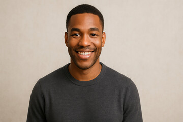 Smiling African American man wearing a grey crewneck sweater against a neutral background