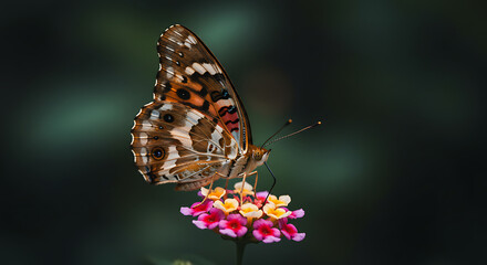 Obraz premium Stunning macro detail of a vibrant painted lady butterfly on a colorful lantana flower with a soft, dark bokeh background effect
