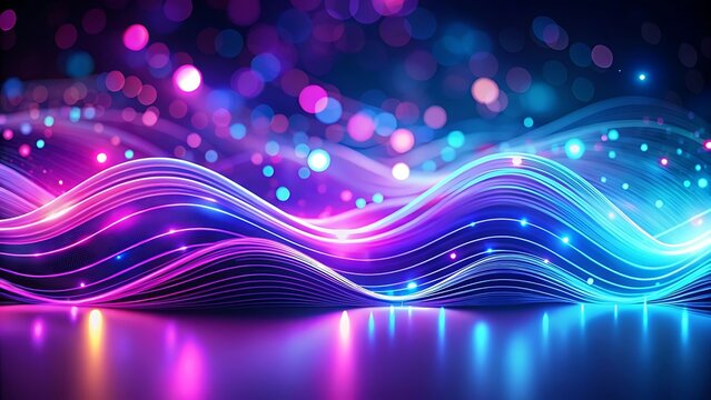 Neon background of purple and blue gradient glowing digital waves. Futuristic technology concept, vibrant energy. Dynamic waves flow with neon light and bokeh. Innovations, virtualization.