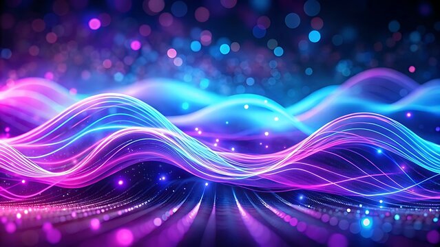 Neon background of purple and blue gradient glowing digital waves. Futuristic technology concept, vibrant energy. Dynamic waves flow with neon light and bokeh. Innovations, virtualization. - Powered by Adobe