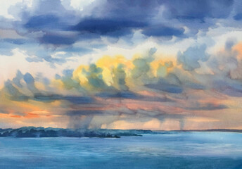 Clouds over the lake watercolor background
