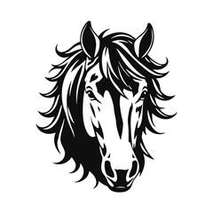 Horse logo template. Black and white silhouette of a horse head with a graceful mane. Elegant minimalist logo for branding, design and printing	