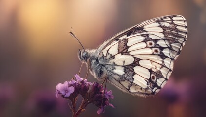Obraz premium A delicate, detailed close-up captures a captivating white and grey butterfly perched gracefully on a cluster of purple flowers, bathed in soft, warm light.