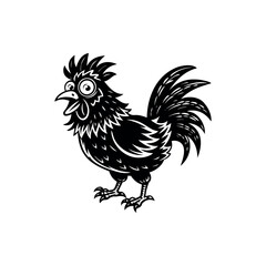 Humorous black and white drawing of a surprised cartoon rooster character Silhouette vector