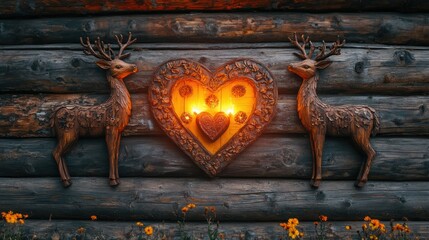 A rustic wooden wall with two flat, elaborately carved deer on either side and a heart-shaped ornament in the center. The whole stage is softly illuminated by the warm candlelight.
