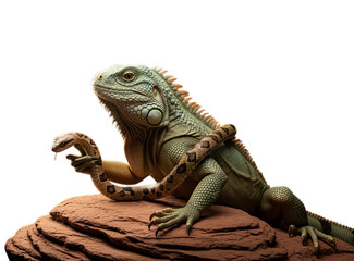 Obraz premium Green Iguana Holding Brown Patterned Snake Reclining on Red Stone