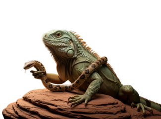 Green Iguana Holding Brown Patterned Snake Reclining on Red Stone