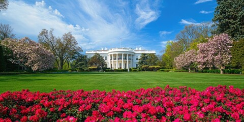 Obraz premium The Rose Garden in full bloom outside the White House Stock photo