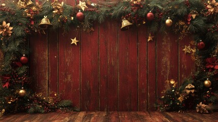 A rustic wooden wall decorated with elegant gold and red holiday decorations, including ribbons, bells, and stars, with an empty space in the middle designed for an advertisement or greeting.