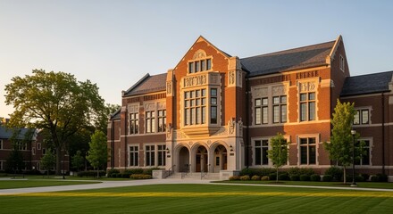 Brick Academic Building on Green Lawn at Sunset