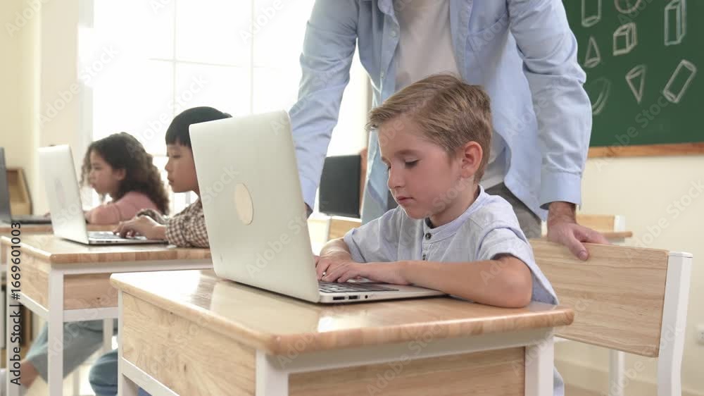 Poster caucasian teacher helping energetic boy coding engineering prompt while diverse student using softwa