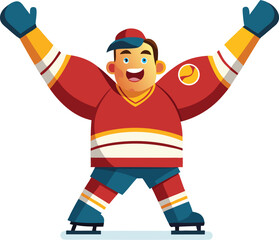 A hockey player is celebrating a victory isolated on white background he is wearing a uniform and raising his arms