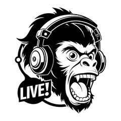 Silhouette of energetic startup ape streaming live with headset, digital entrepreneur concept, tech business, online broadcast, innovation vector illustration