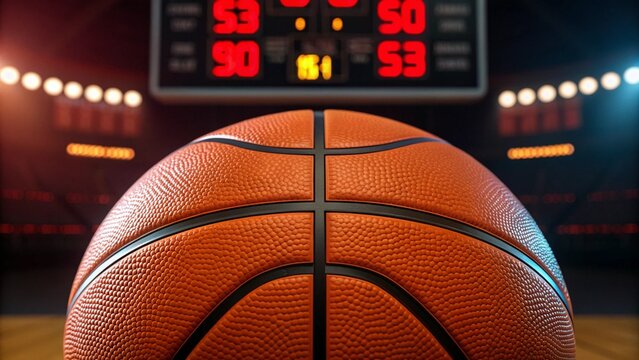 Basketball Scoreboard Concept Basketball on the court with a digital scoreboard displaying the scores.