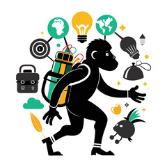 Creative silhouette of startup ape carrying backpack full of ideas symbolizing innovation, entrepreneurship, business growth, adventure, and success journey