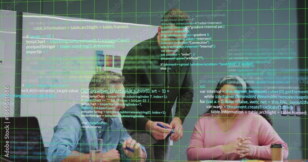 Aufkleber three colleagues at table pointing at sketches and annotating after code overlay for design