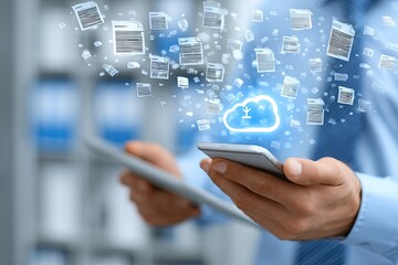 Business hands hold devices; cloud data files