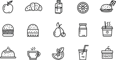 Grid of Sixteen Black-and-White Line Icons Depicting Assorted Food and Drink Items Including Fruits, Baked Goods, Beverages, and Desserts, Representing Culinary Variety, Nutrition, and Minimalist 