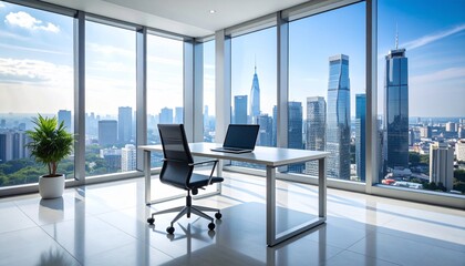 Clean and Professional Office Workspace Featuring Minimalist Desk, Laptop, and Chair with Panoramic Window View of Contemporary Urban Skyline