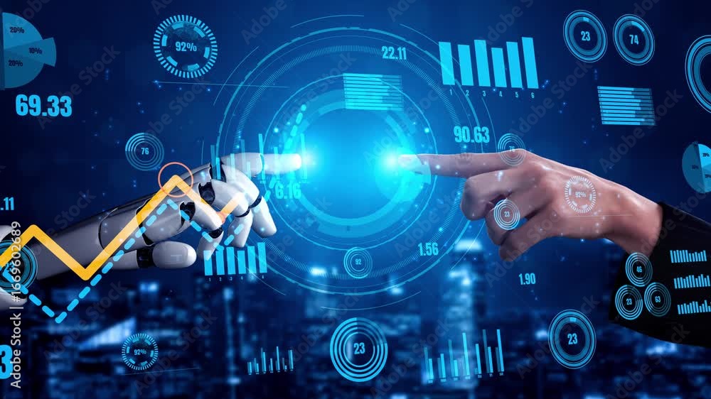 Poster a robotic arm and a human hand interact over digital data visuals, symbolizing collaboration in anal