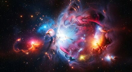 A breathtaking panorama of a vibrant cosmic nebula, with swirling clouds of interstellar gas and dust creating a celestial spectacle