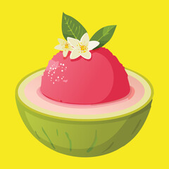 A half-guava filled with sweet pink mousse and decorated with a small white flower - Vector Illustration