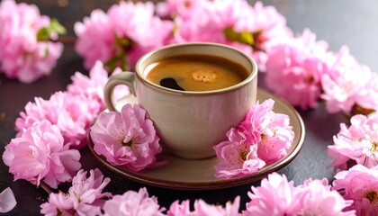 Fototapeta premium Coffee Cup with Pink Blossoms on Table