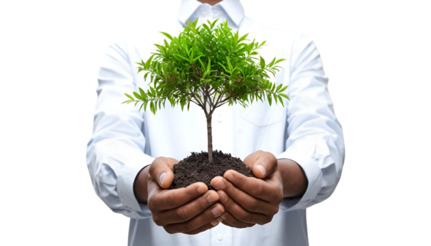Man watering a small tree with a bucket, PNG with white background.