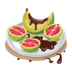 Halved pink guava fruits with seeds, some dipped in rich dark chocolate, on white background - Vector Illustration