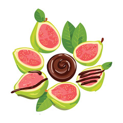  Slices of fresh guava and banana on a white plate drizzled with rich chocolate sauce - Vector Illustration