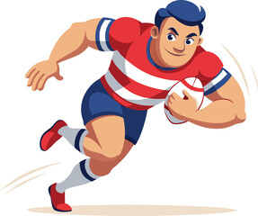 Rugby player running with the ball isolated on white background, determined to score a try