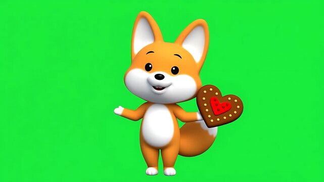 Adorable Cartoon Fox Holding Heart-Shaped Cookie on Green Screen