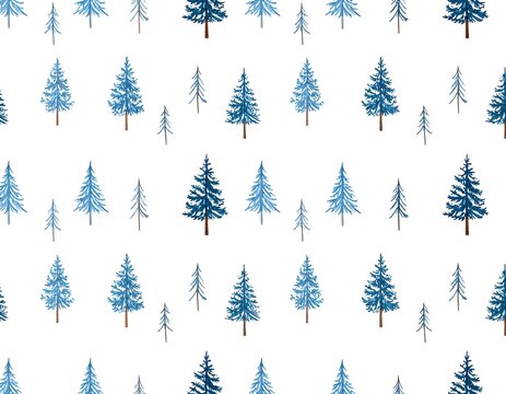 Repeating pattern of stylized blue fir trees on white background