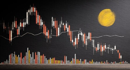 Chalkboard chart with candlestick and bar graphs. 