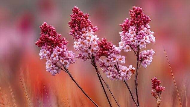 Delicate pink and red flowers in soft focus