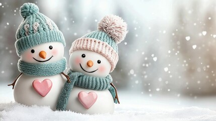 Two snowmen, smiling in a snowy field, their hearts glowing softly with heart-shaped buttons, surrounded by dancing snowflakes on a peaceful Valentine's Day, painted in the style of watercolors.