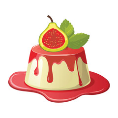 A Custard Pudding Topped with Guava Sauce and a Fig Slice on a White Plate, an Elegant Dessert - Vector Illustration