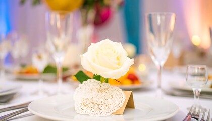 A delicate white rose centerpiece sits atop a place setting, highlighted by a lace doily and a subtle card, adding elegance to a festive table setting.